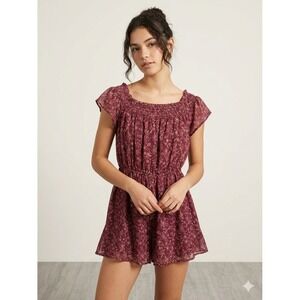 Francesca's Floral Romper Women Large Wine NWT Smocked Off-Shoulder Boho Short